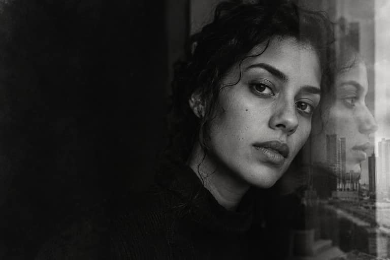 Retrato artístico em preto e branco com reflexos, representando diferentes perspectivas sobre uma pessoa